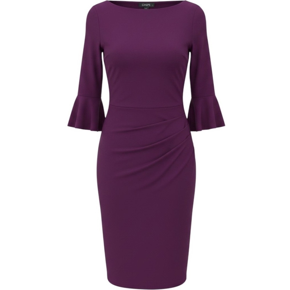Chaps Womens Plum Bell Sleeve Ruched Sheath Dress Size L Cocktail Business